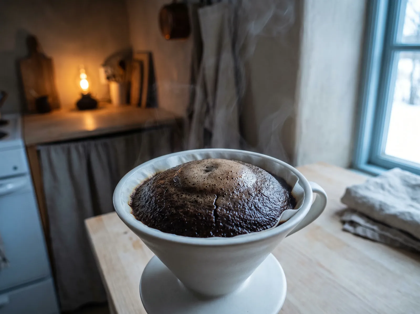 Café molido inflándose en un filtro de cerámica, la cama hinchada y respirando.