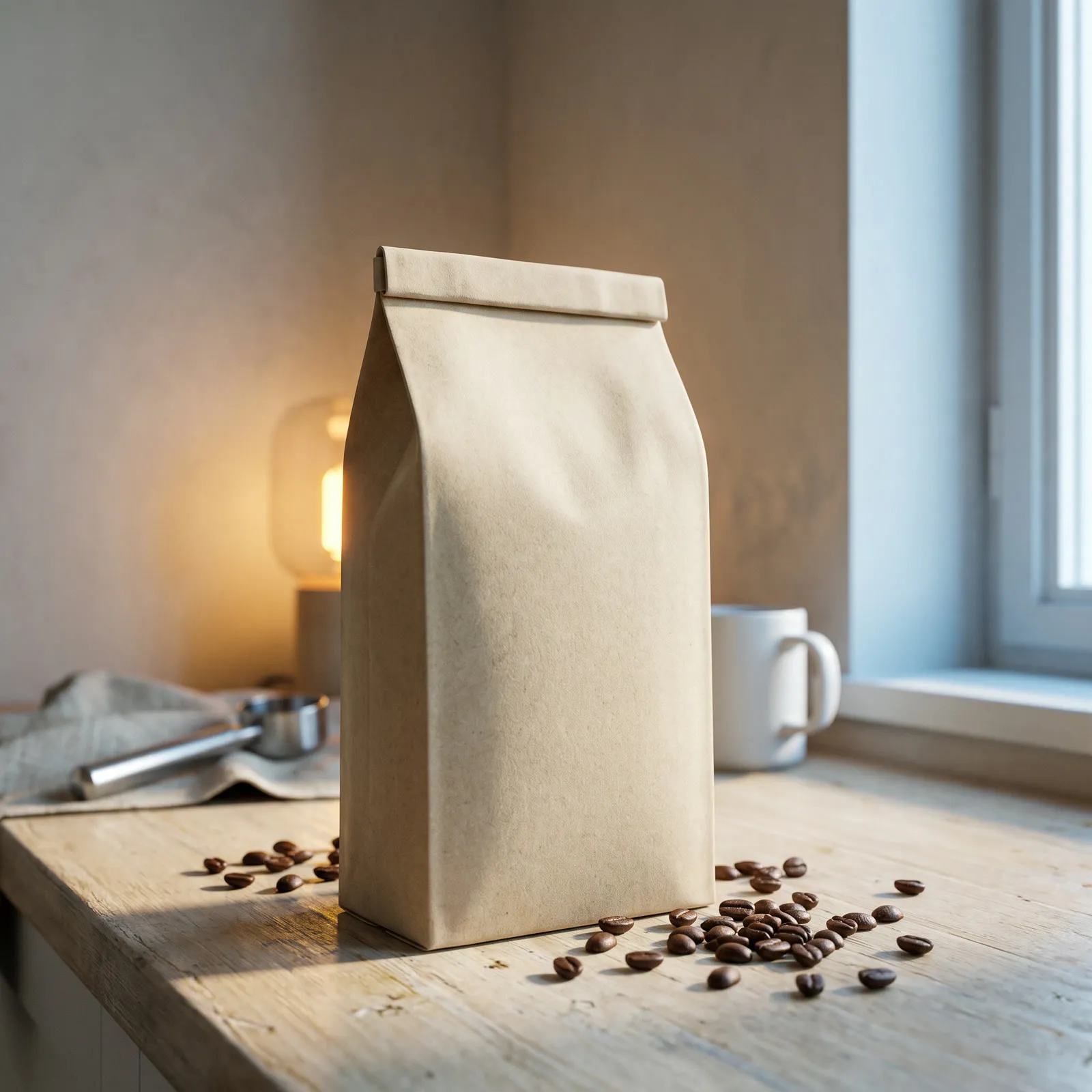 La bolsa de café ALBA sobre un mesón de madera clara, con luz de amanecer.
