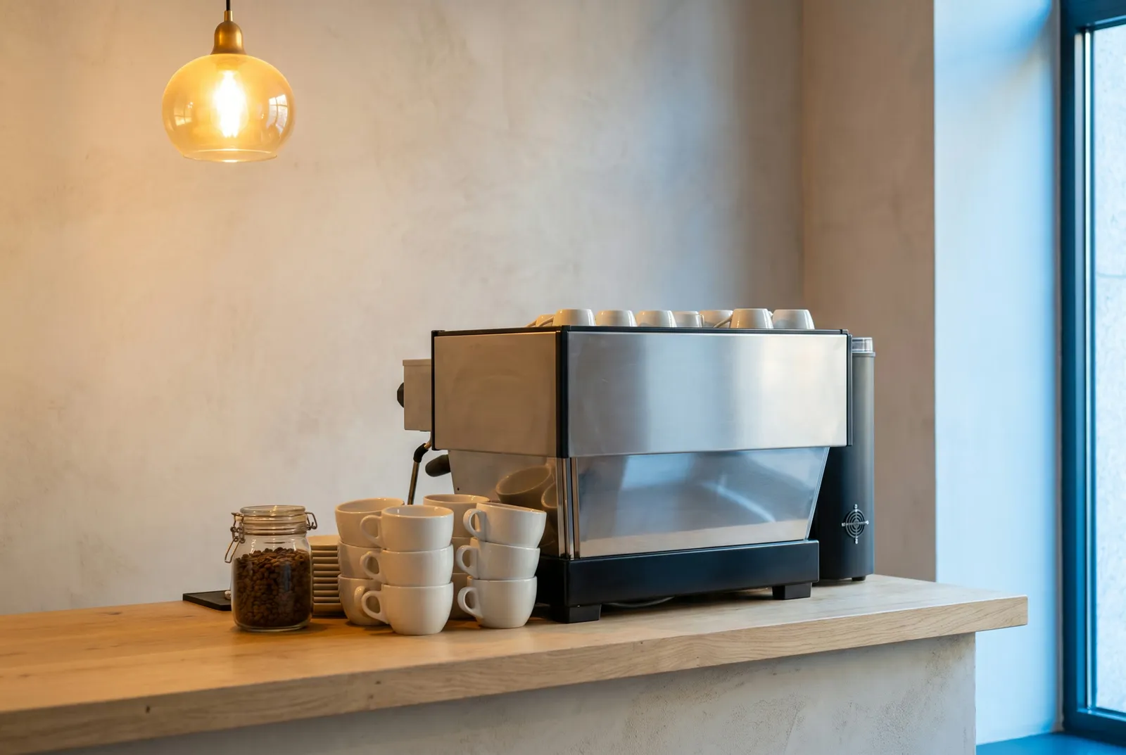 La barra del café, con la máquina de espresso y tazas de cerámica blanca.