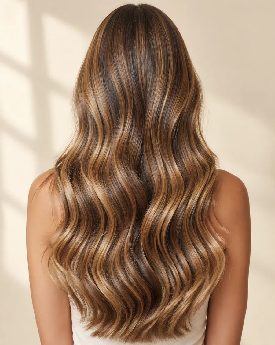 Pelo largo con balayage castaño miel y ondas suaves