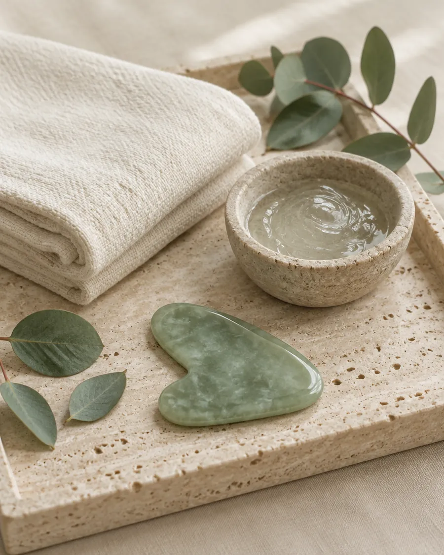 Toalla de lino, gel y piedra gua sha para el facial