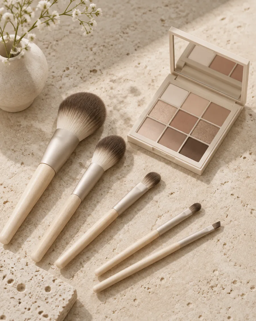 Brochas de maquillaje y paleta en tonos neutros