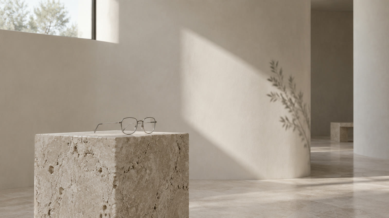 Lentes de titanio sobre pedestal de piedra en una sala luminosa